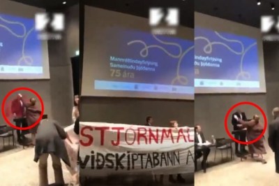 Woman showers red powder at Iceland FM for backing Israel