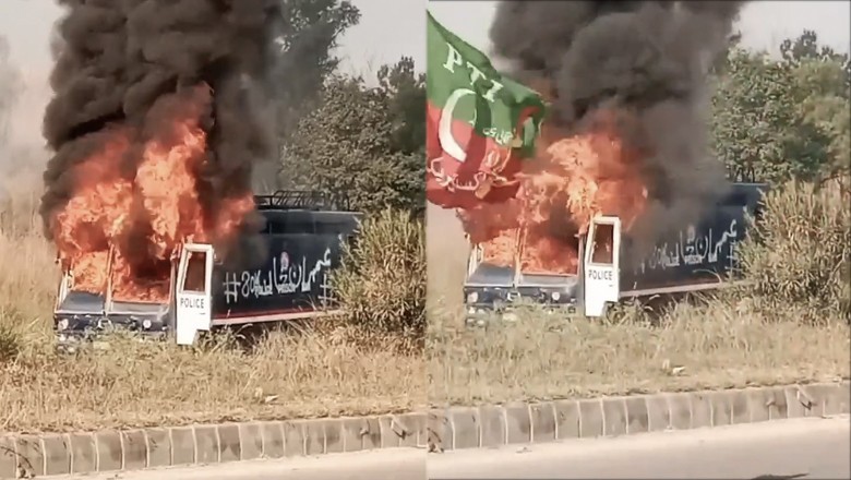 Police van with slogans of Imran Khan release set on fire