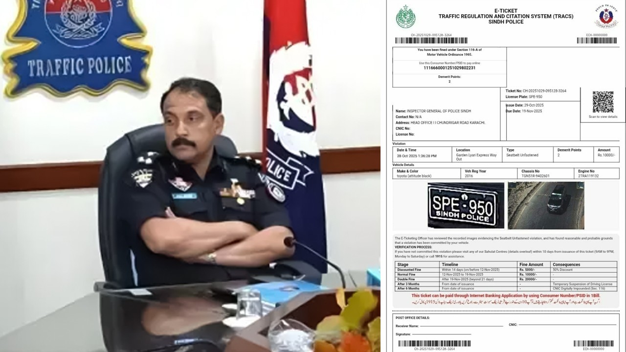DIG Traffic Karachi’s vehicle receives Rs10,000 e-challan for seat belt violation