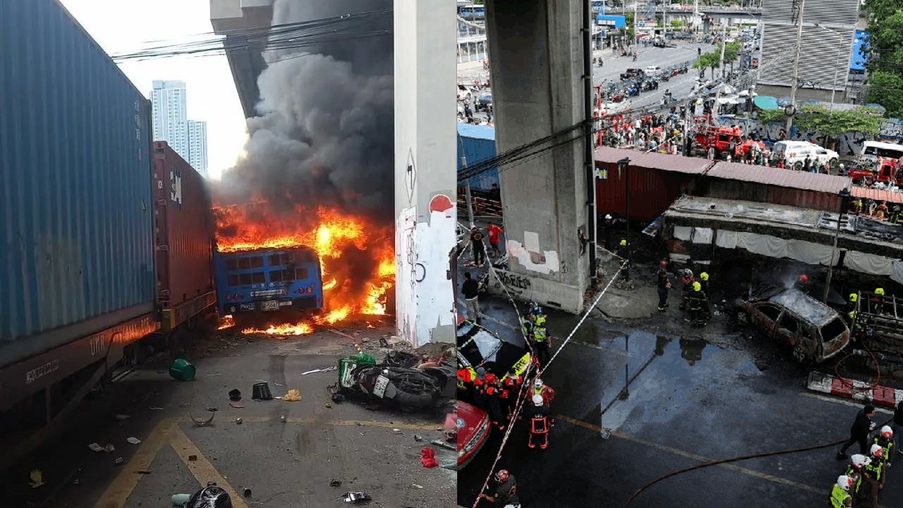 Cargo train hits public bus at rail crossing in Bangkok, killing at least 8