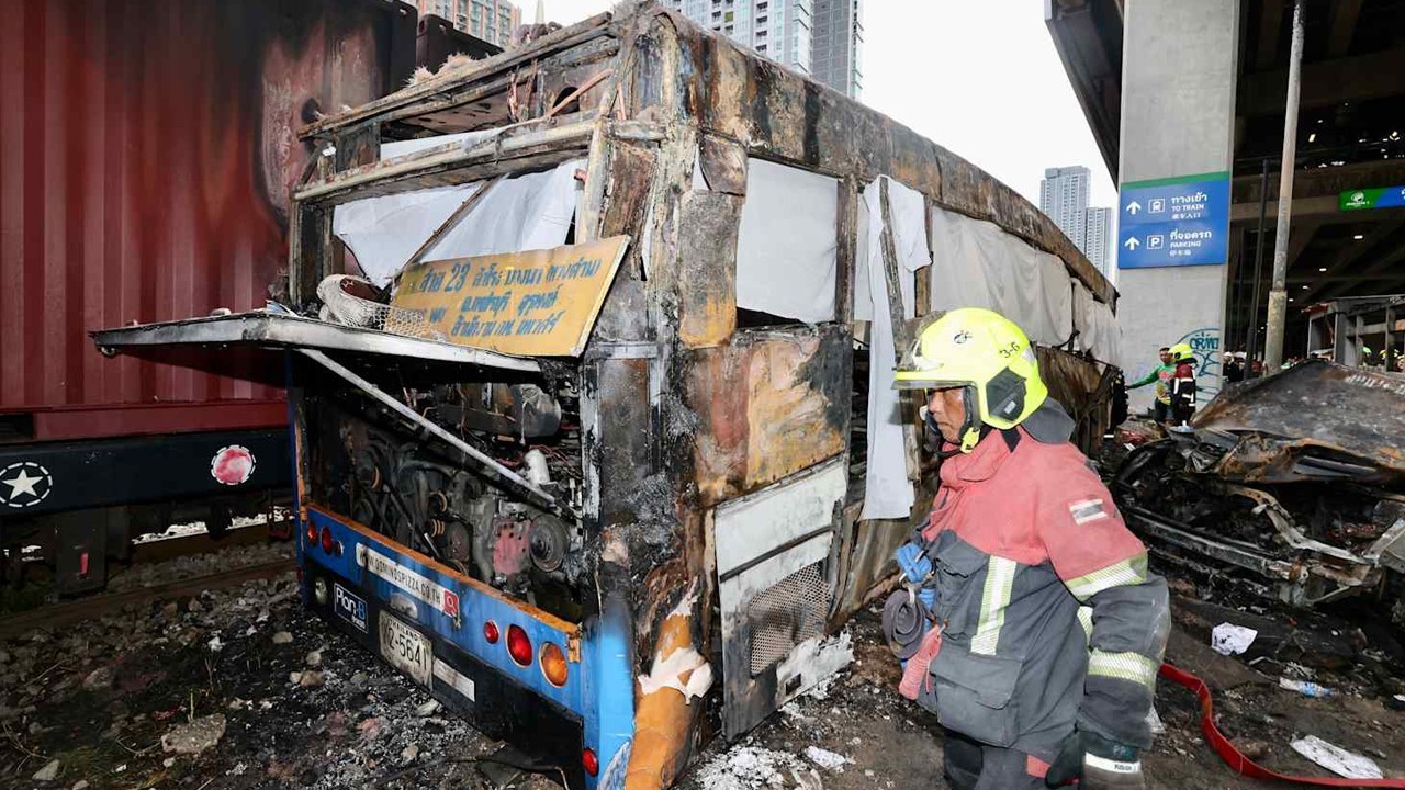 At least eight dead, 25 injured in train collision that sparks bus fire in Thailand