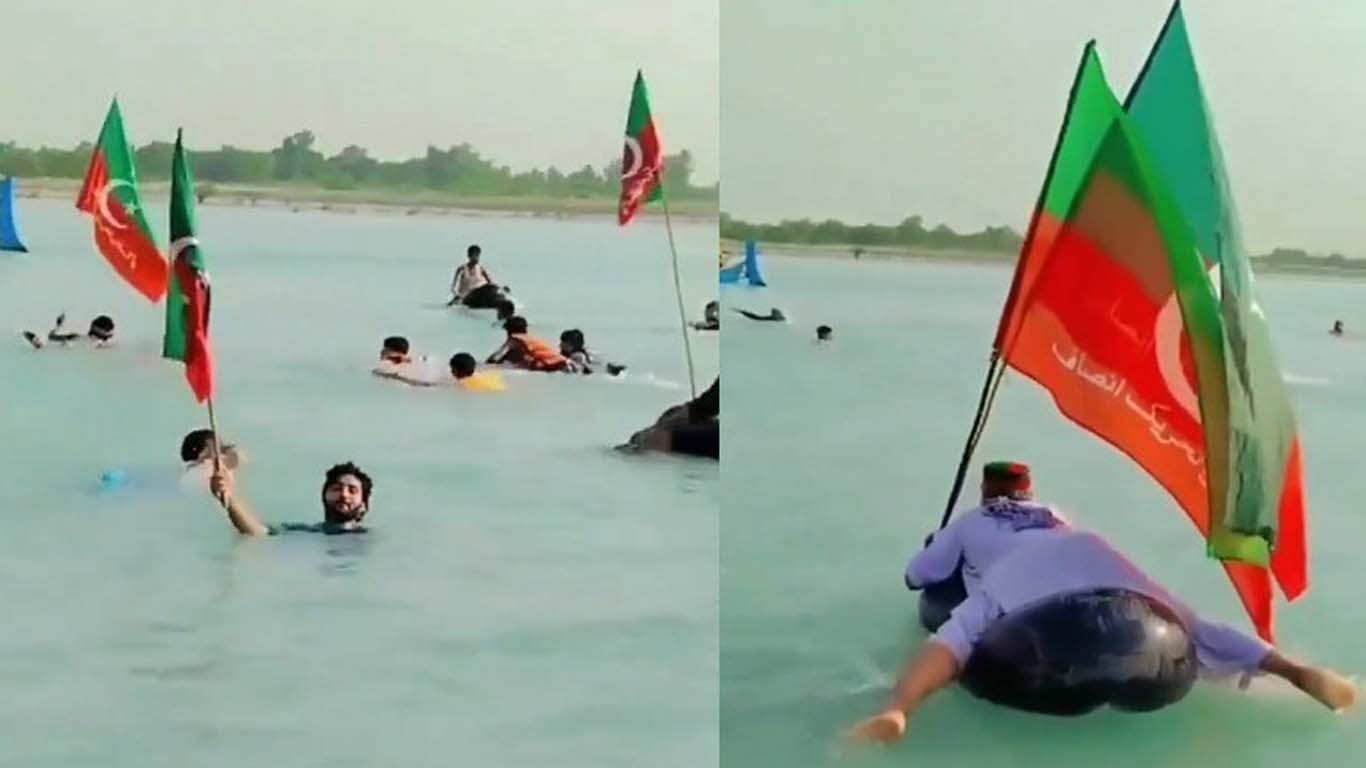 سڑکوں کی بندش، پی ٹی آئی کارکنان اسلام آباد پہنچنے کیلئے تیر کر دریا پار کررہے ہیں