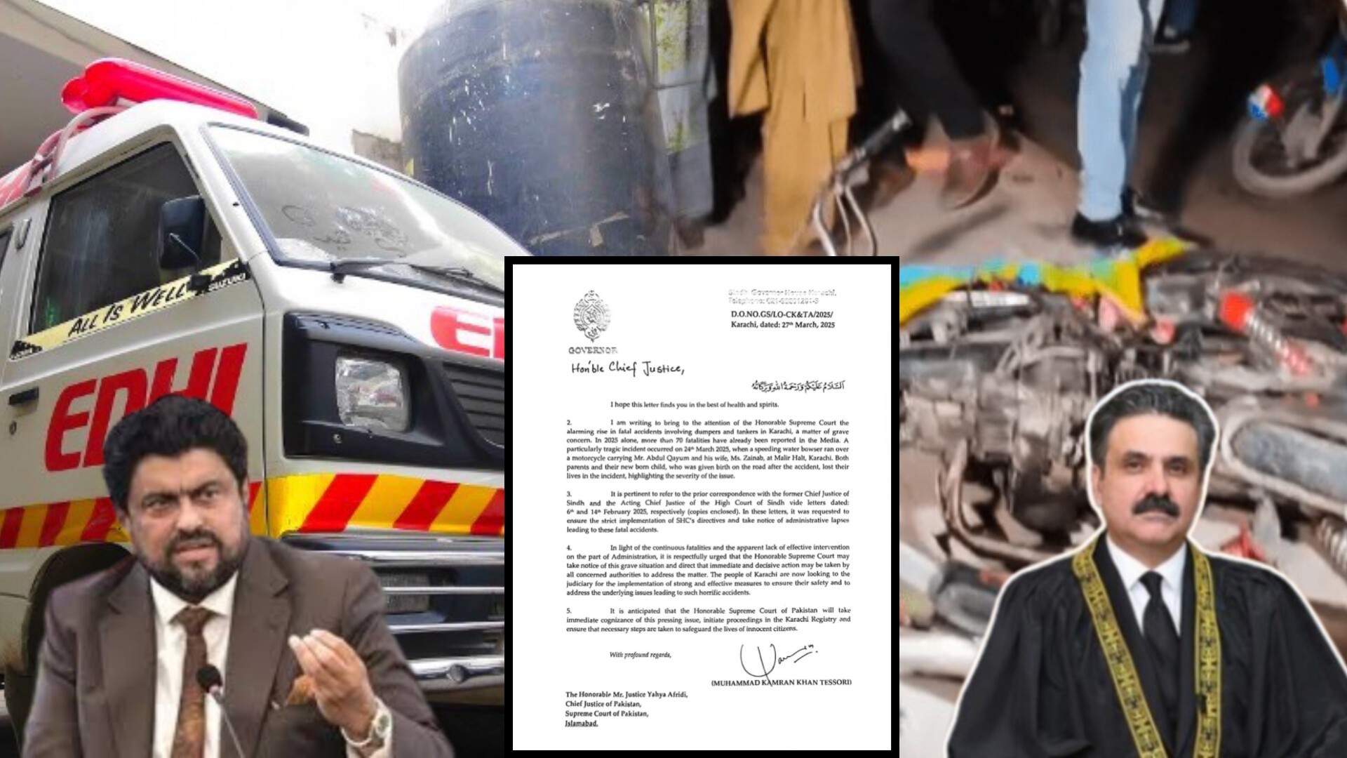 گورنر سندھ کا ٹریفک حادثات پر چیف جسٹس کو خط، لارجر بینچ تشکیل دینے کا مطالبہ